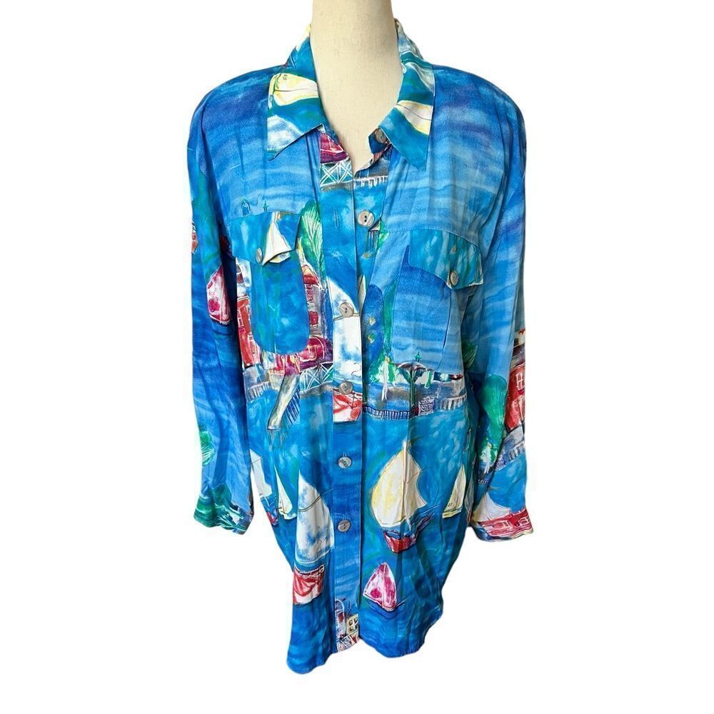 Vintage Saint Germain Coastal Scene Rayon Long Sleeve Blouse w/ Shoulder Pads M